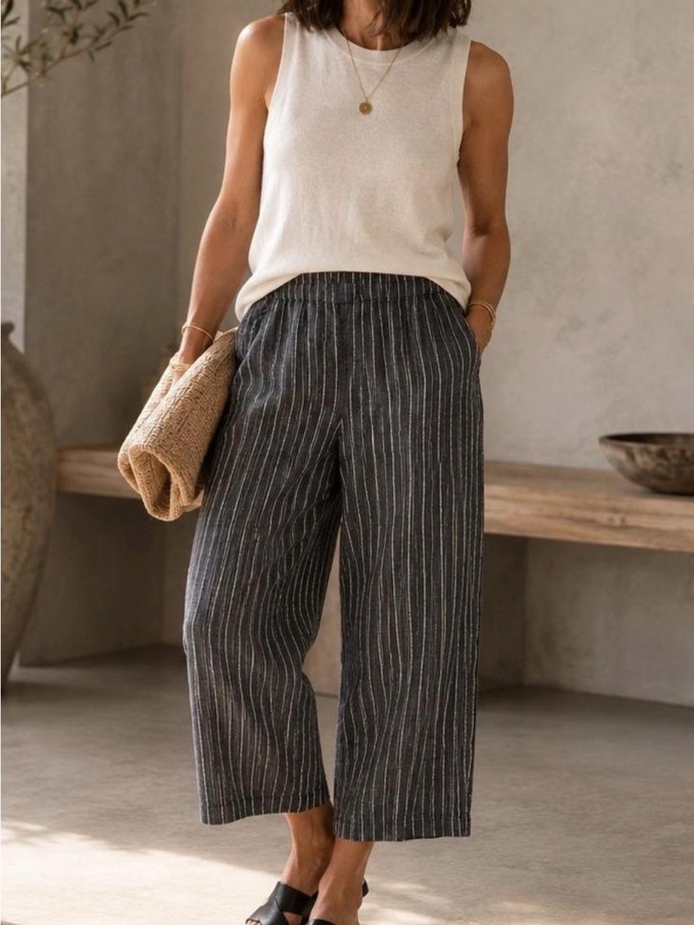 Eileen Fisher Womens Pants Size 2 XL Gray White Cropped Organic Linen Striped